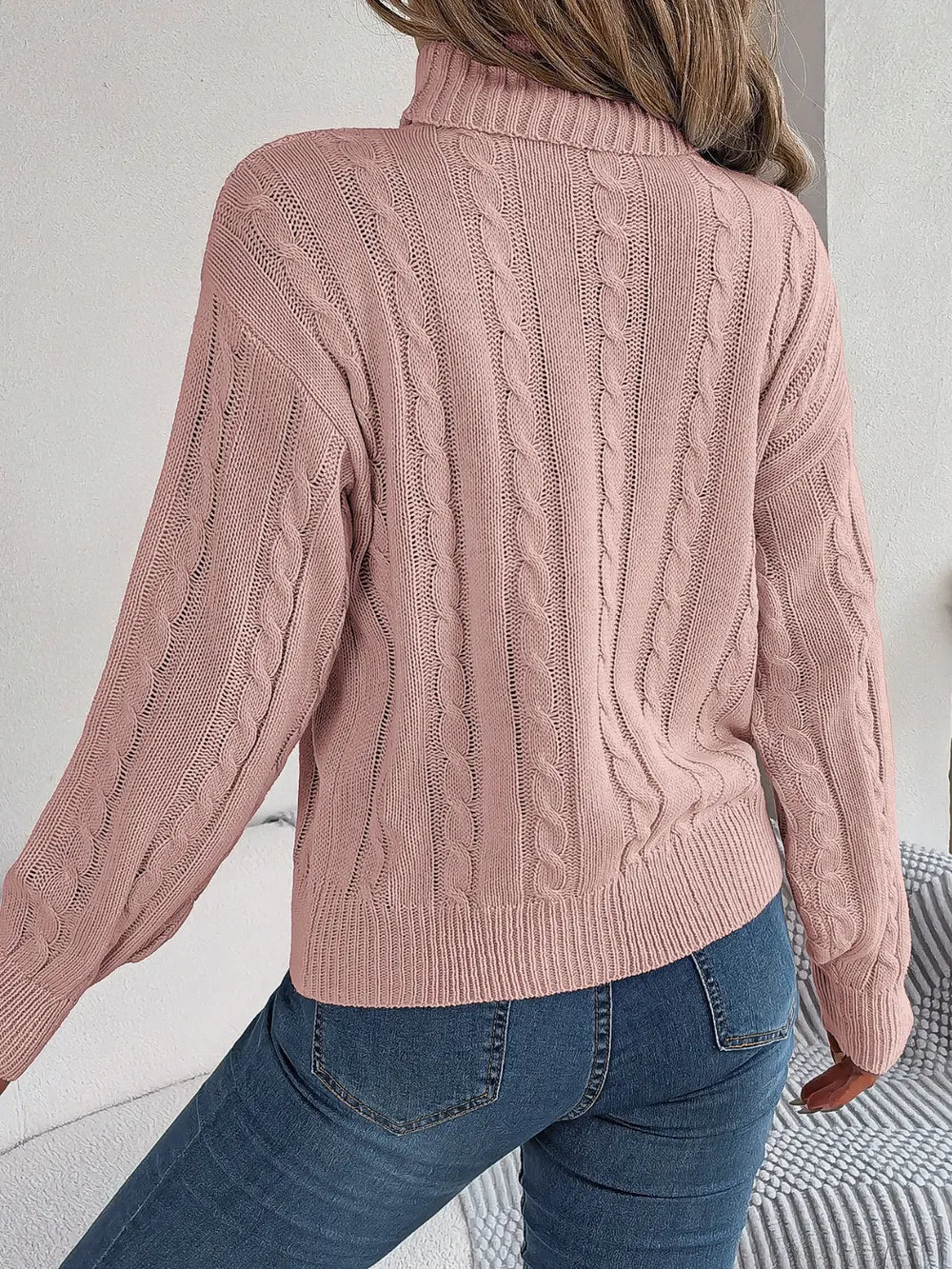 Cable-Knit Turtleneck Dropped Shoulder Sweater Trendsi