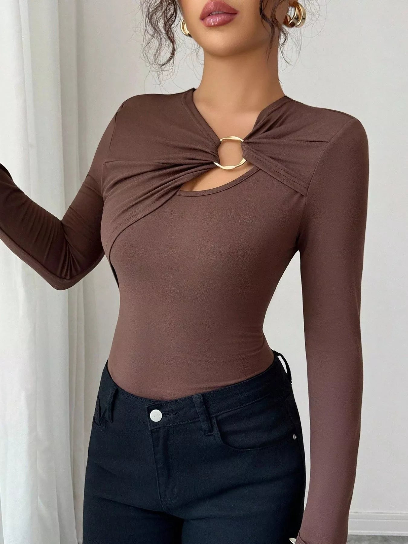 Twist Front Ring Detail Long Sleeve T-Shirt OutfitFlow