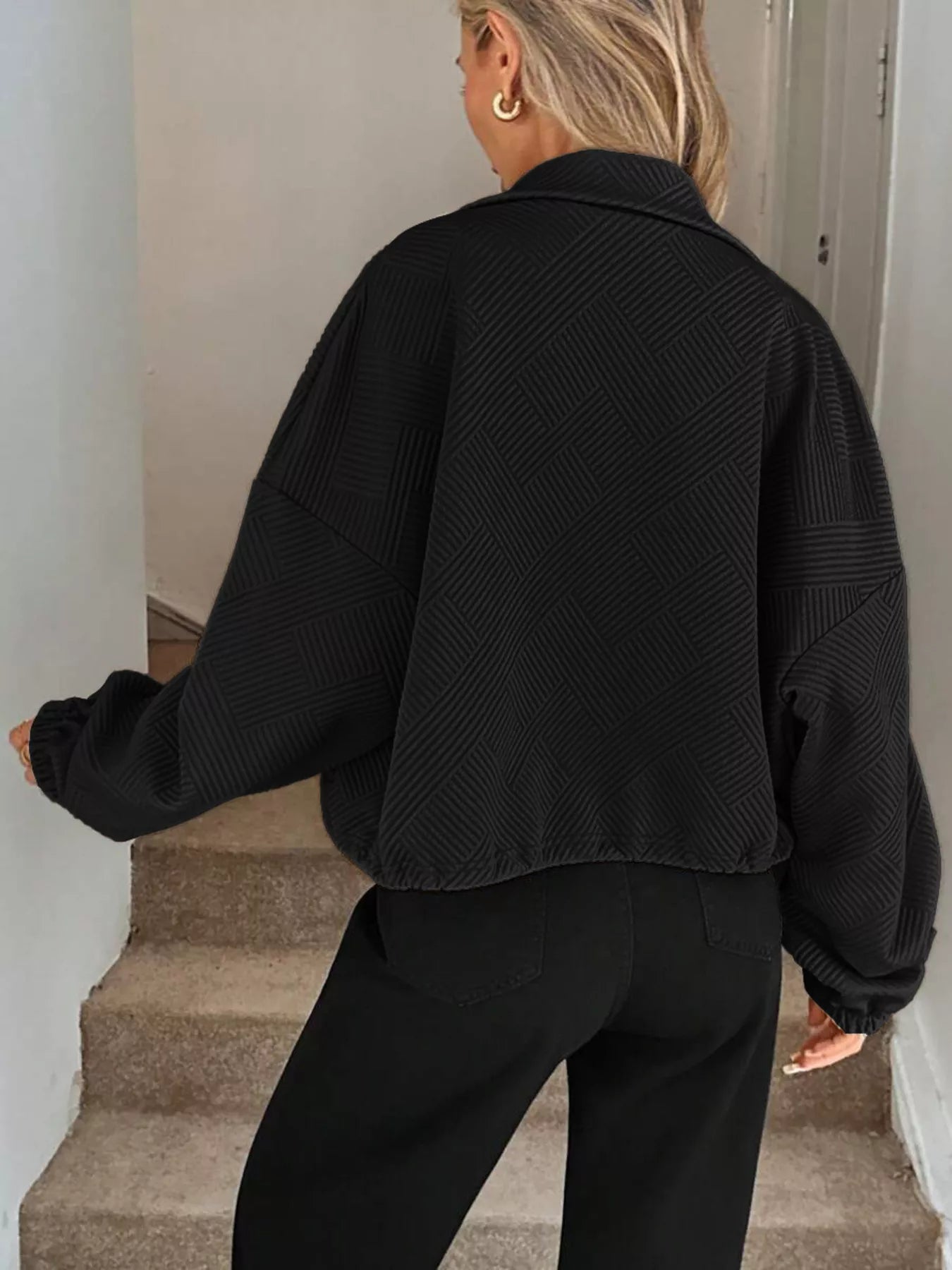 Drawstring Hem Textured Long Sleeve Jacket OutfitFlow