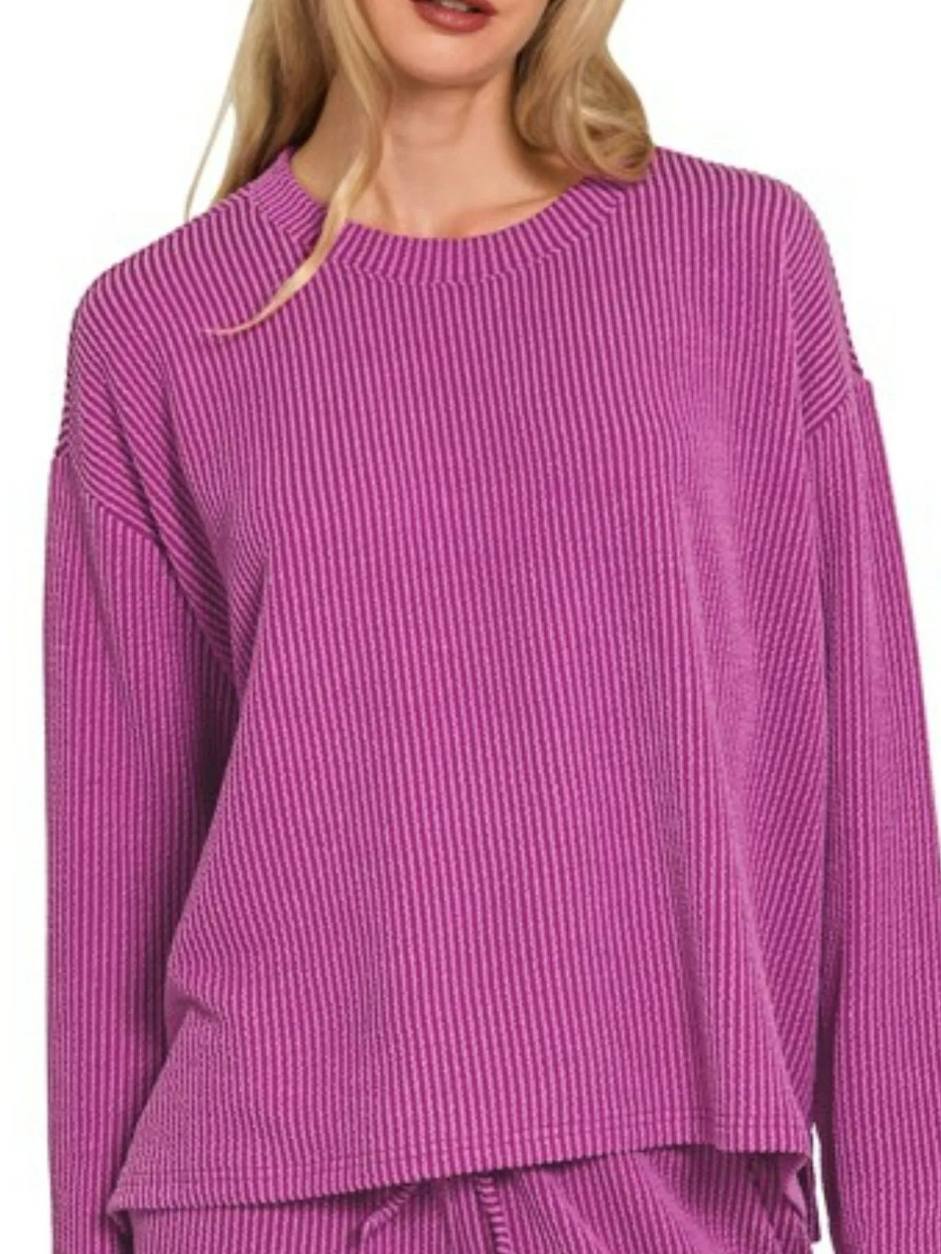 Zenana Corded Rib Long Sleeve Tee and Shorts Set Trendsi