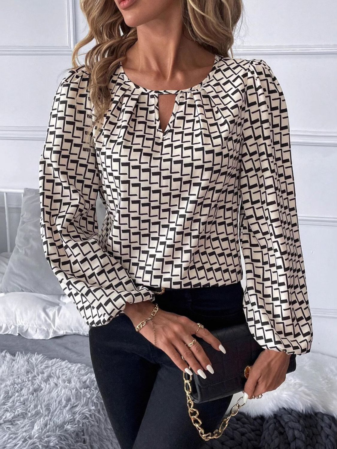 Outfit Flow - Cutout Printed Long Sleeve Blouse