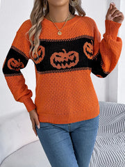 Pumpkin Round Neck Long Sleeve Sweater OutfitFlow