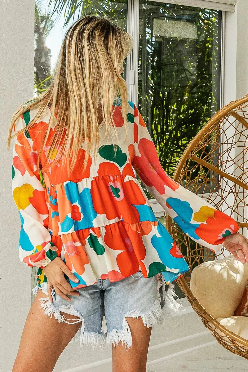 BiBi Floral Woven Tiered V Neck Top Trendsi