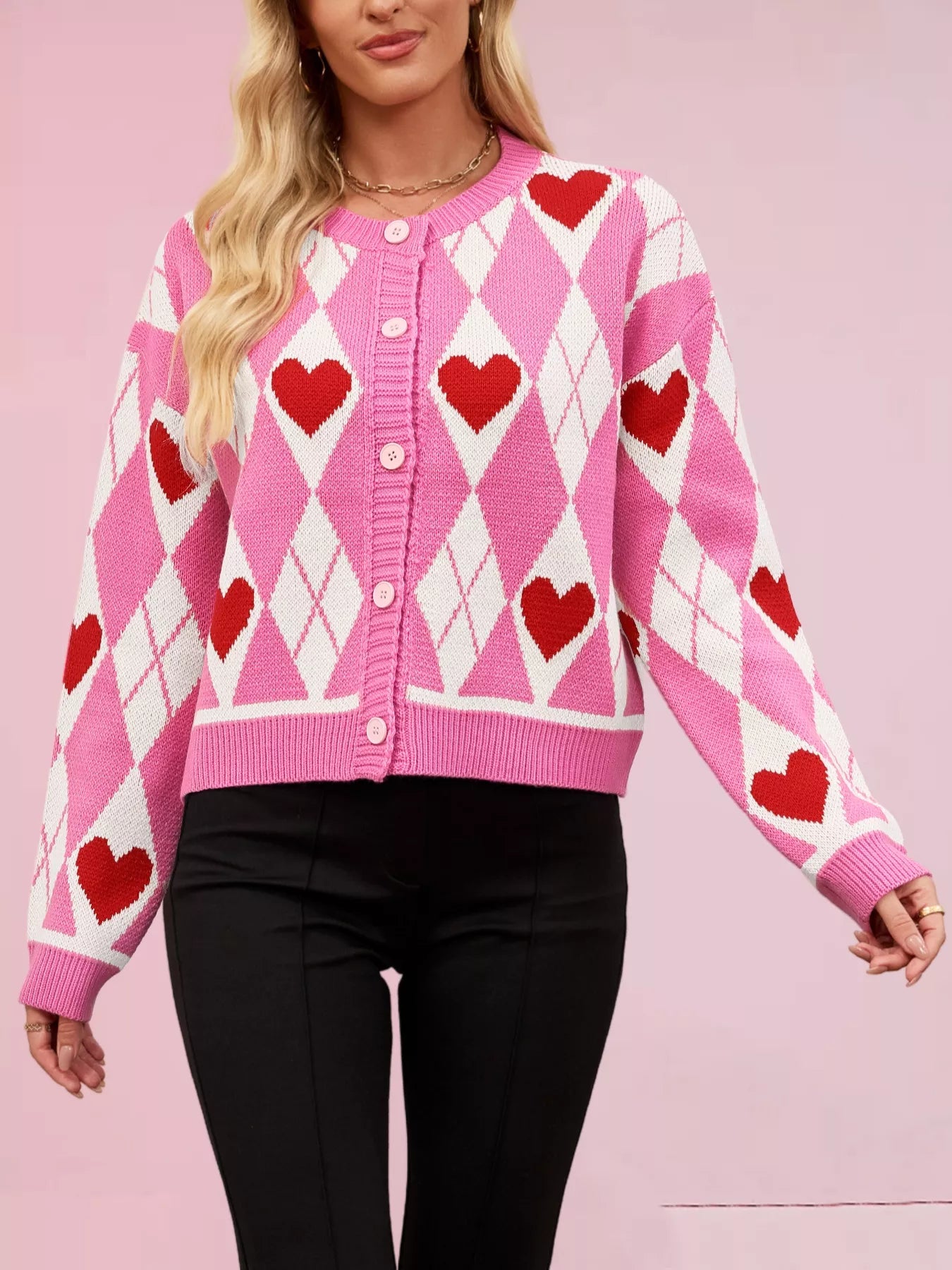 Heart Pattern Button-Up Cardigan OutfitFlow