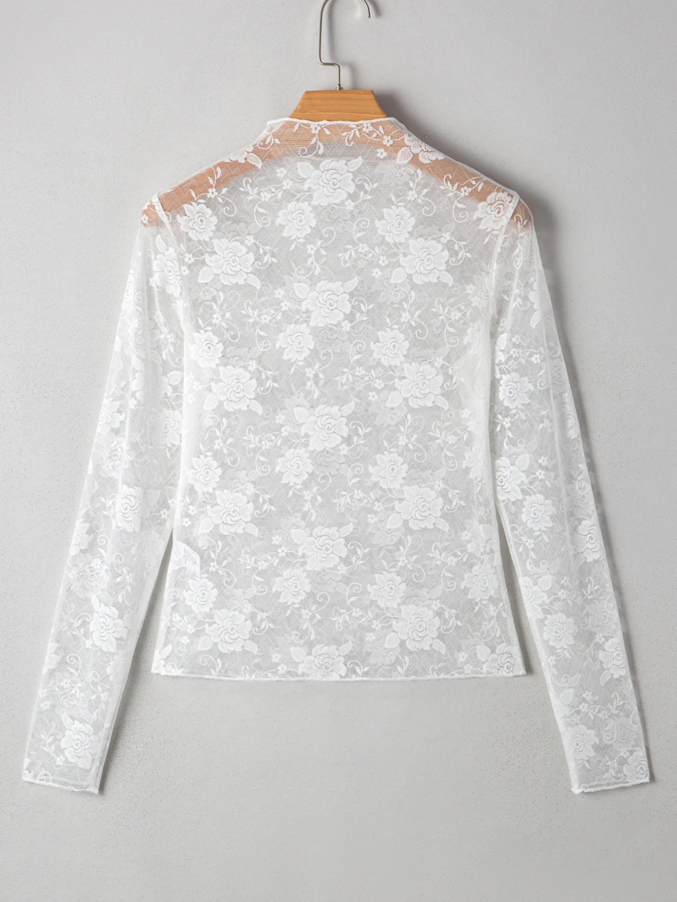 Sheer Floral Lace Mesh Mock Neck Long Sleeve Top OutfitFlow