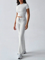 Round Neck Short Sleeve Top and Pants Set OutfitFlow