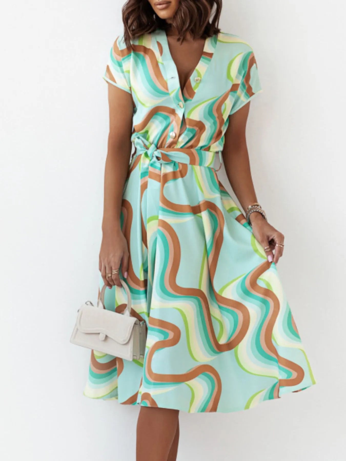 Printed Button Front Midi Dress with Belt Green OutfitFlow
