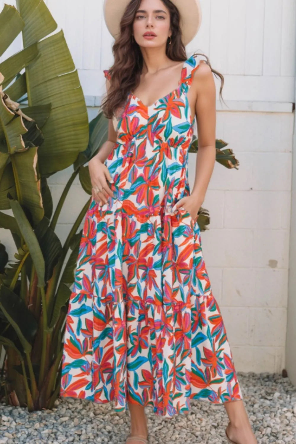Floral Ruffled Strap V Neck Maxi Dress OutfitFlow
