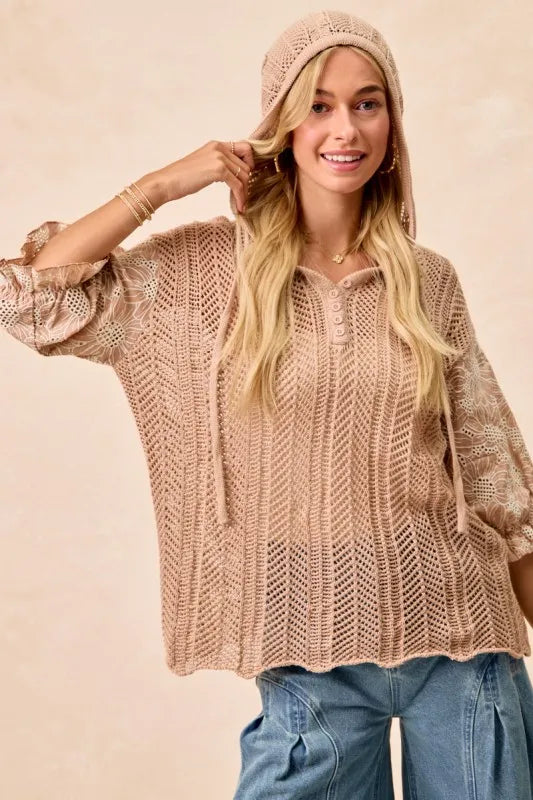 BiBi Jacquard Flower Puff Sleeve Hooded Knit Top OutfitFlow