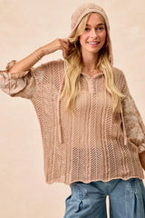 BiBi Jacquard Flower Puff Sleeve Hooded Knit Top OutfitFlow