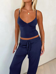 V-Neck Cami and Pants Set Dark Blue OutfitFlow