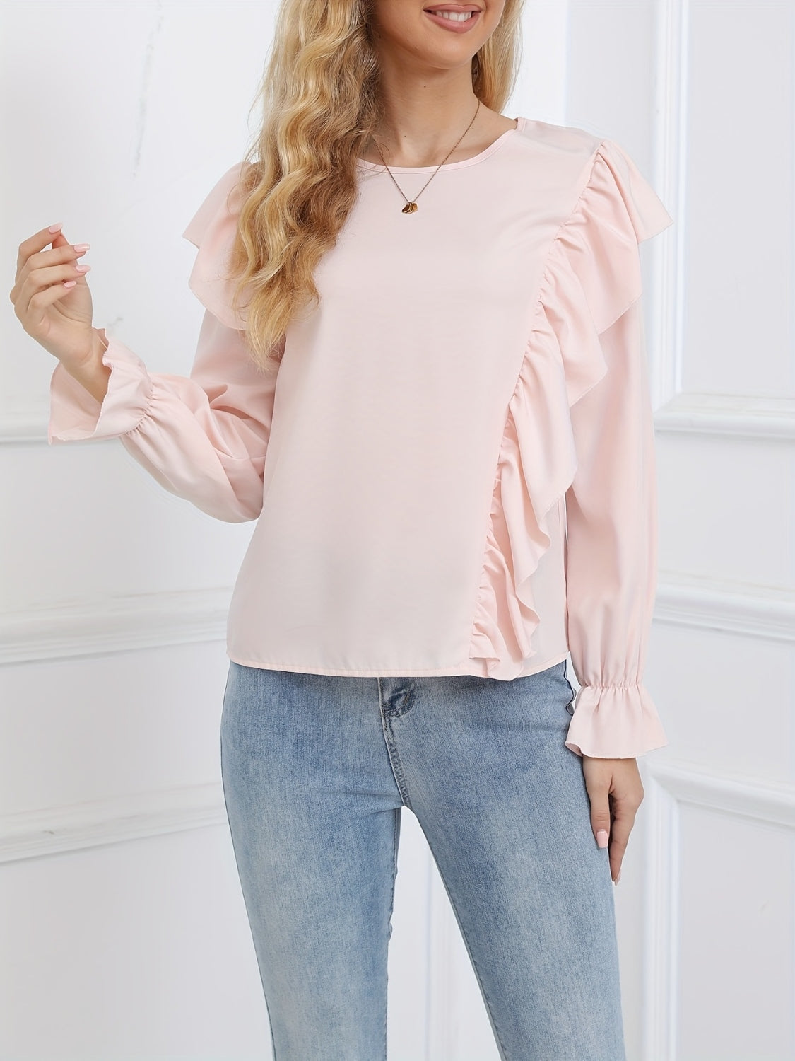 Ruffled Round Neck Long Sleeve Blouse OutfitFlow