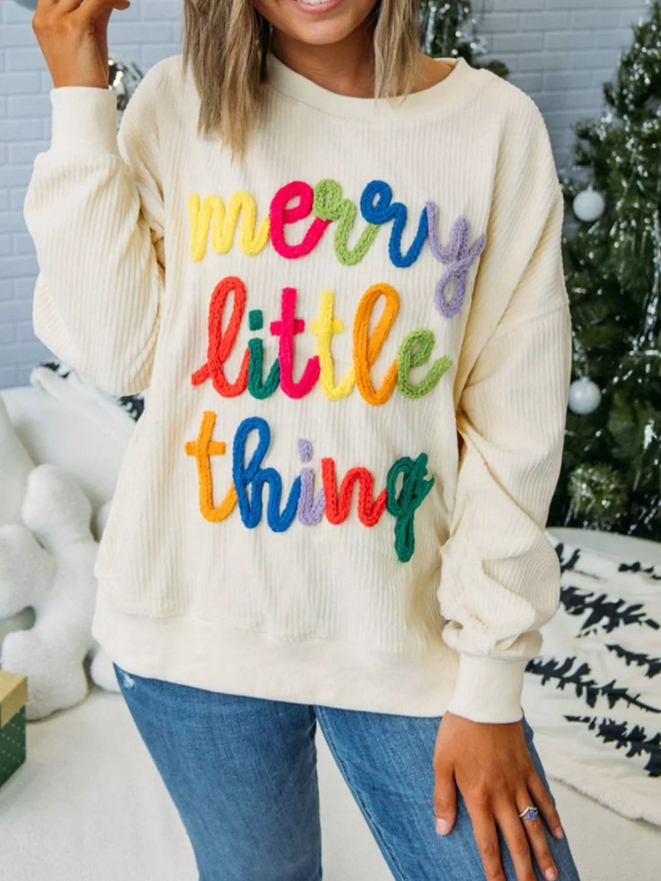 Merry Little Thing Corded Letter Graphic Ribbed Sweatshirt OutfitFlow