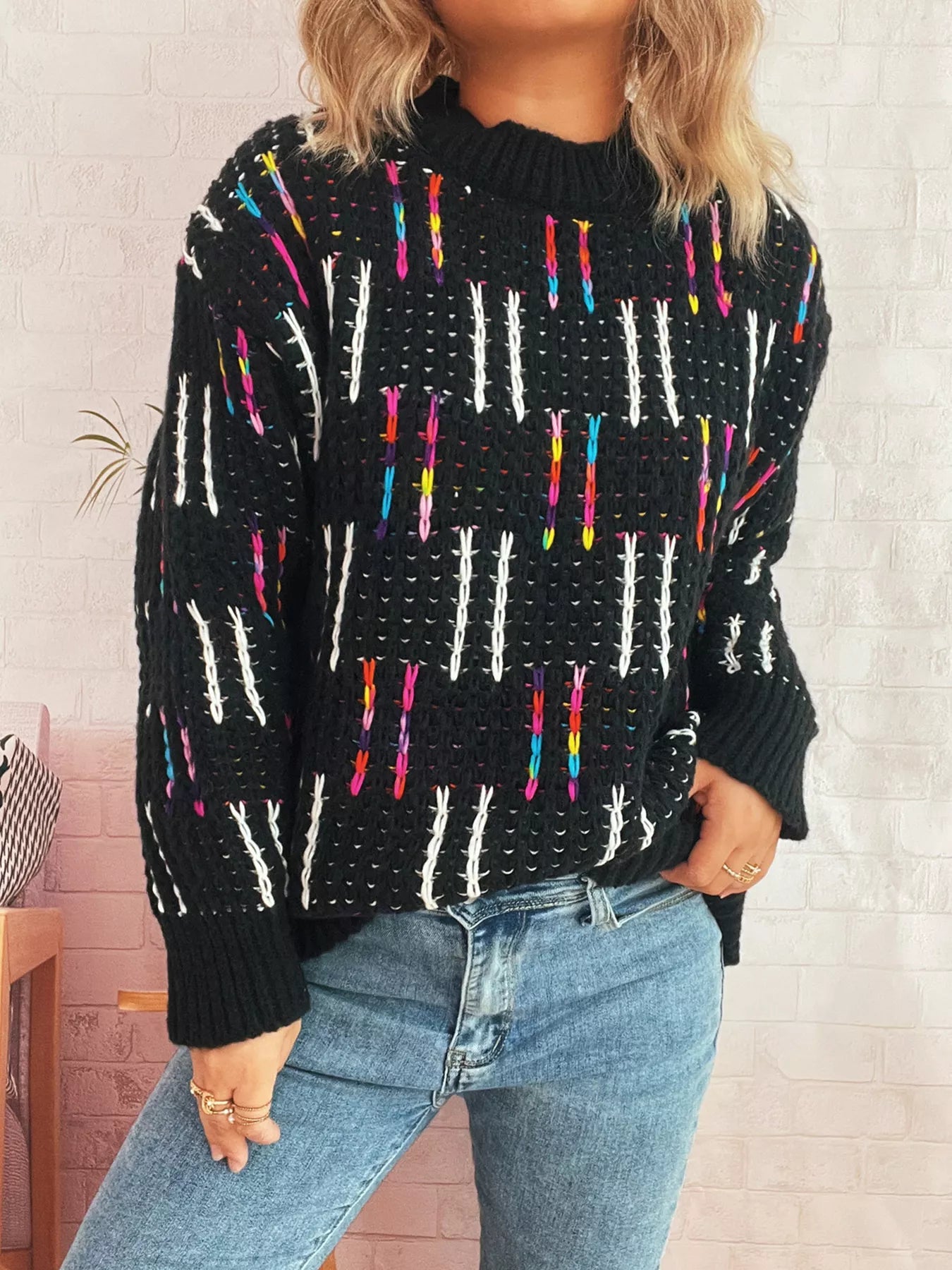 Colorful Round Neck Long Sleeve Sweater OutfitFlow