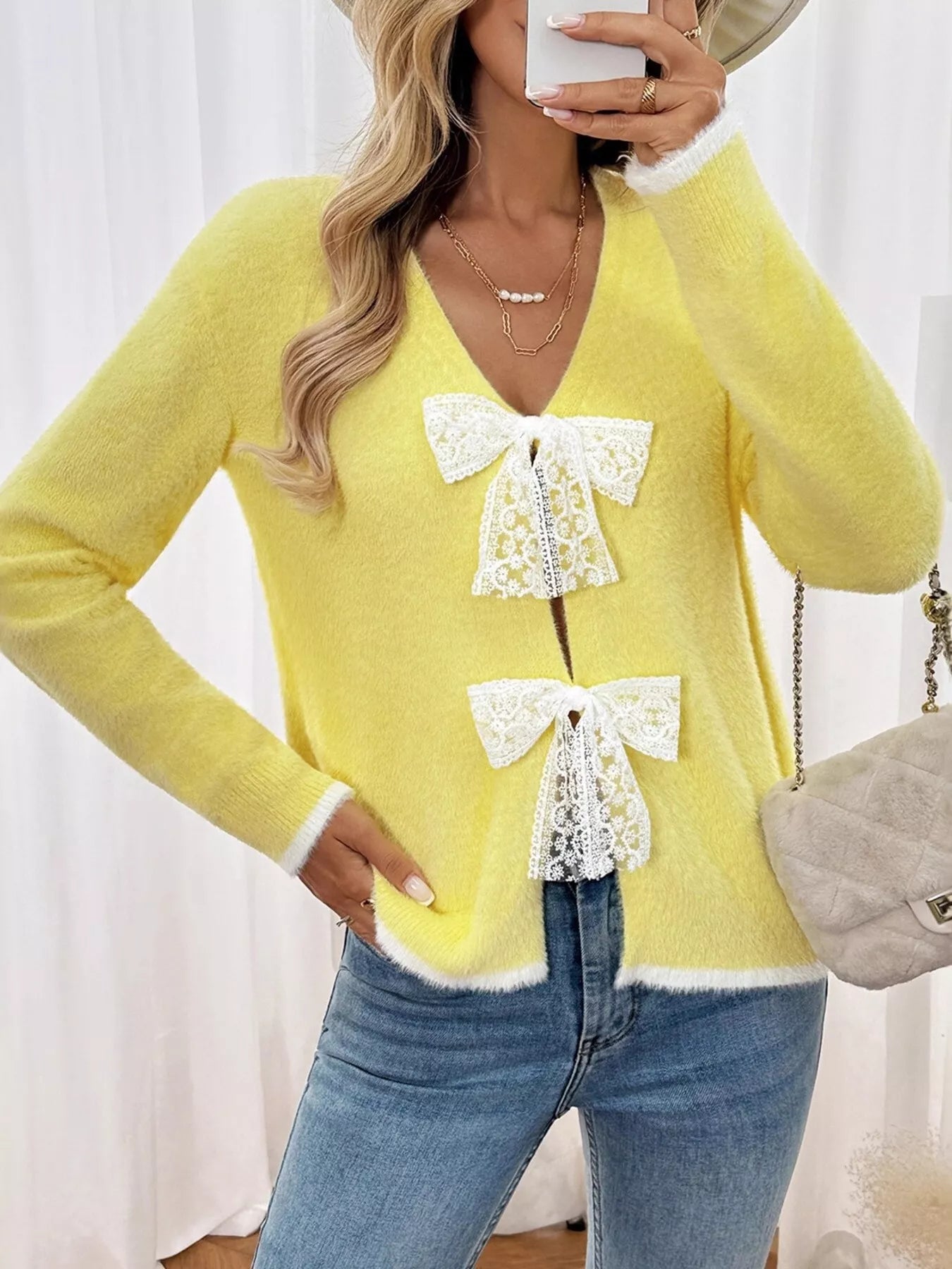 Lace Bow-Tie Front Long Sleeve Cardigan Yellow Trendsi