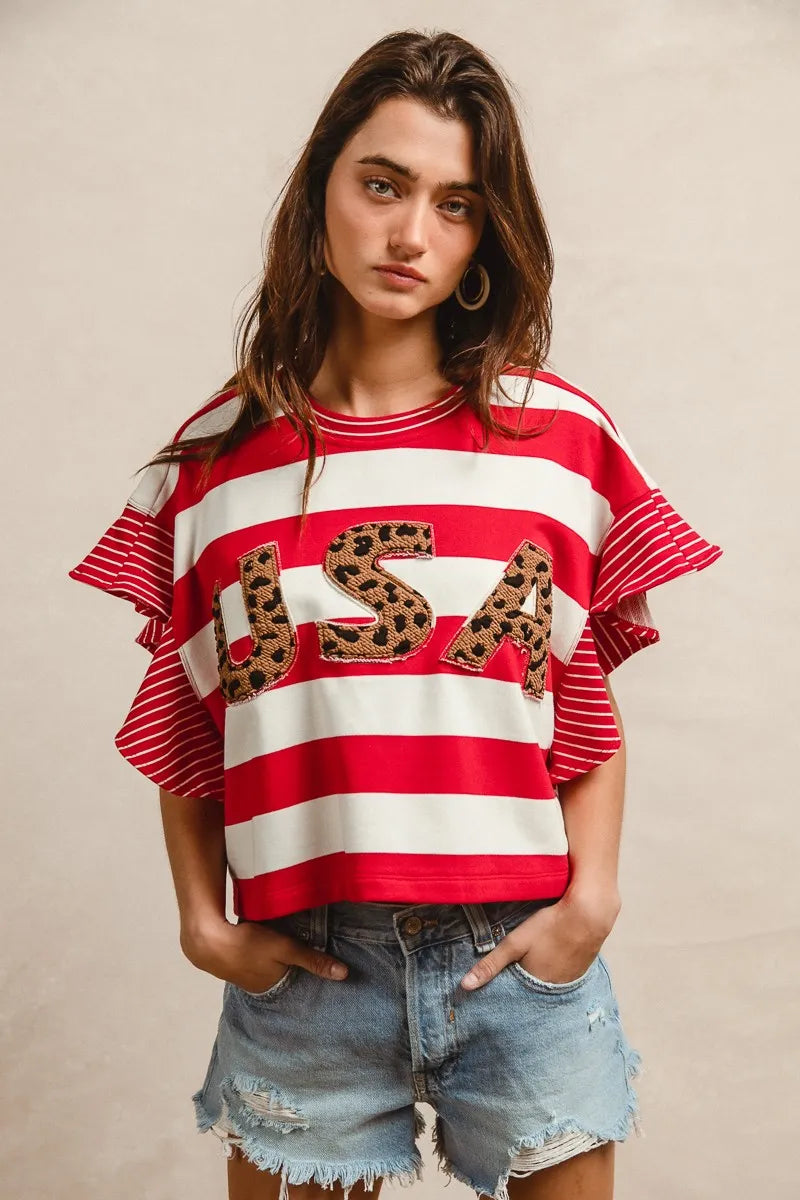 BiBi Stripe Mixed Ruffle Sleeve Top With Leopard Letter OutfitFlow