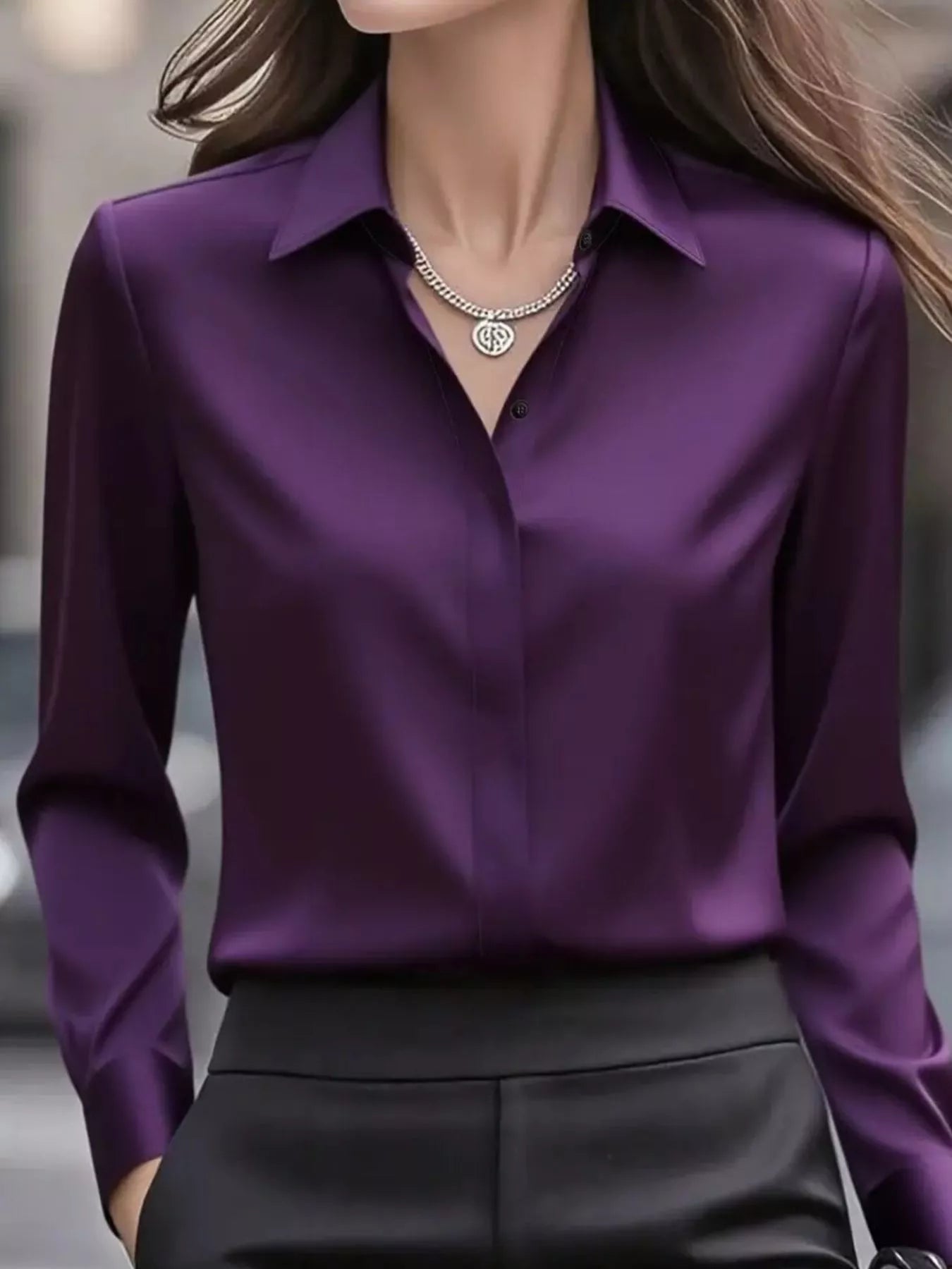 Button Down Collared Neck Long Sleeve Shirt Purple OutfitFlow