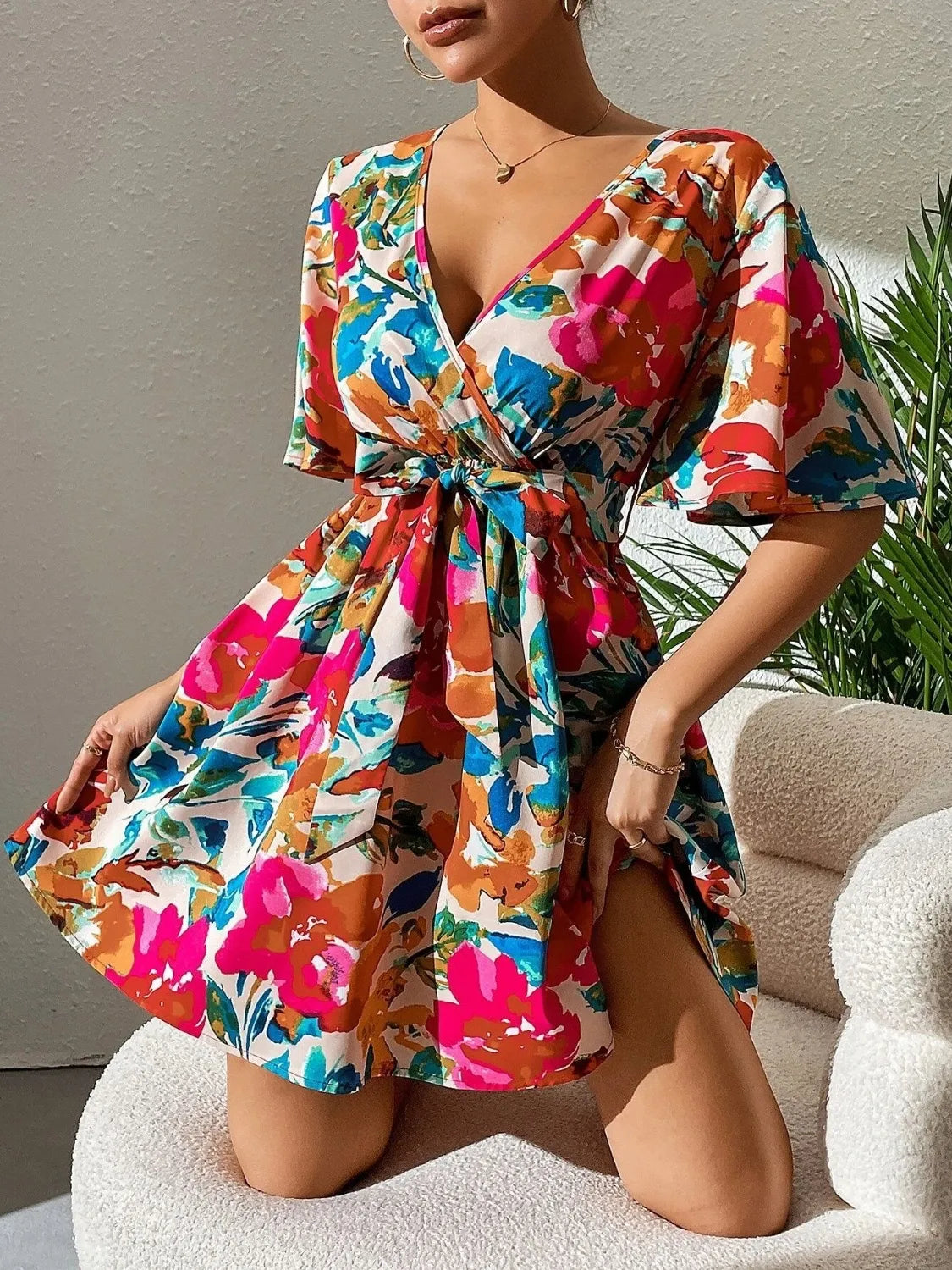 Printed Surplice Short Sleeve Mini Dress OutfitFlow