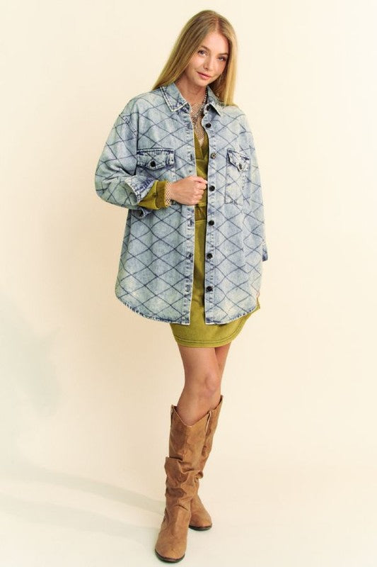 Outfit Flow - Davi & Dani Curved Hem Diamond Quilted Button Up Denim Shacket