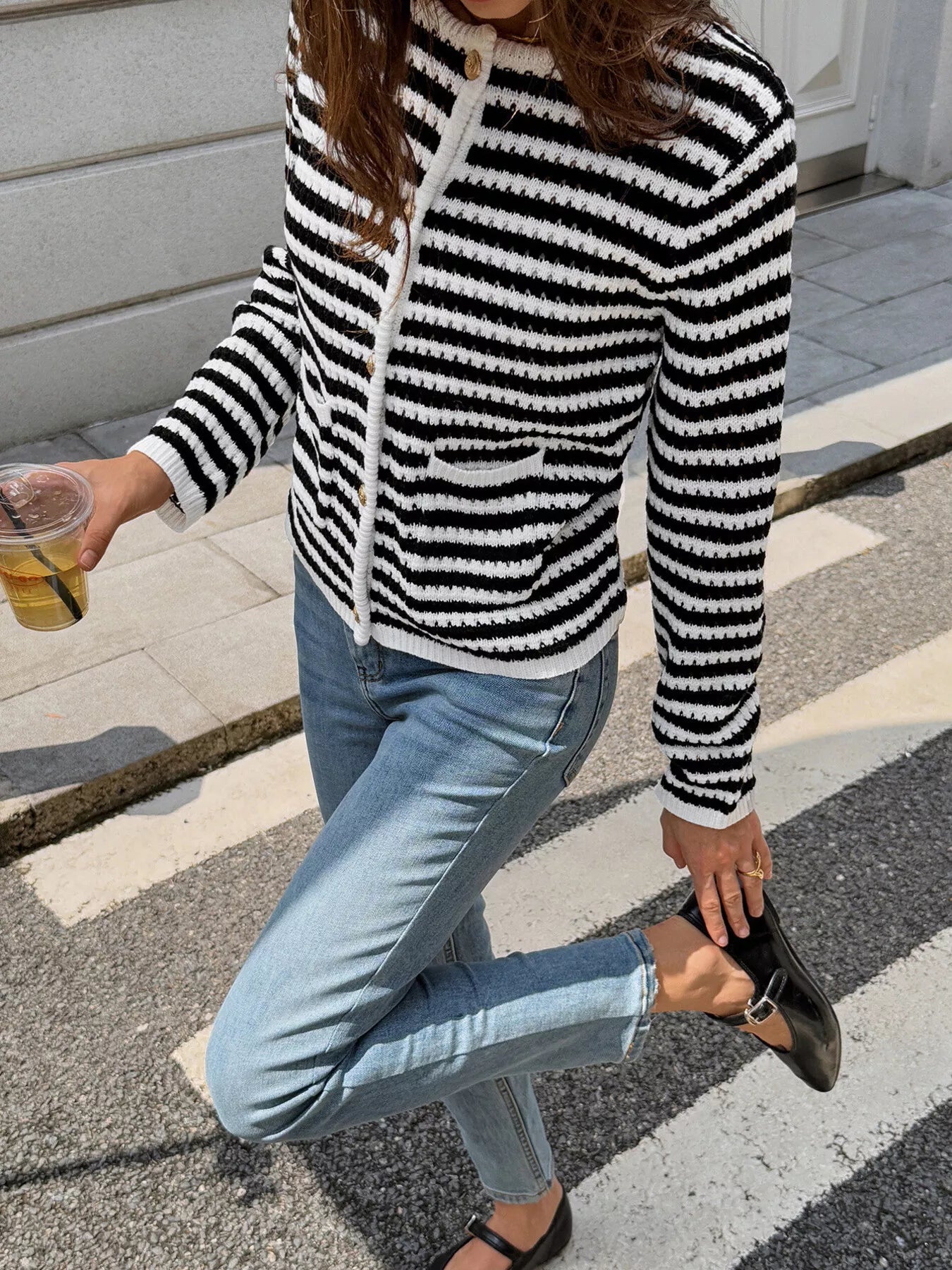 Striped Knit Cardigan with Gold Buttons OutfitFlow