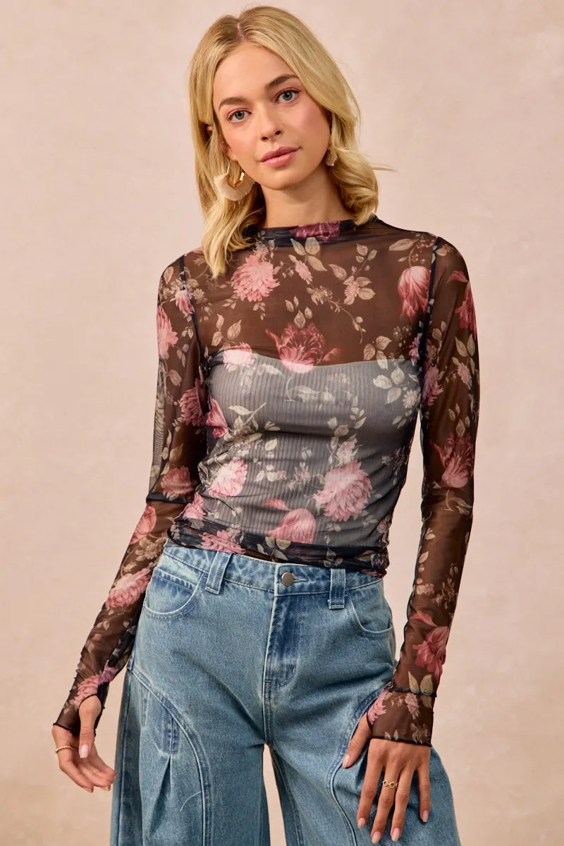BiBi Flower Printed Mesh Lace Top with Thumb Opening OutfitFlow