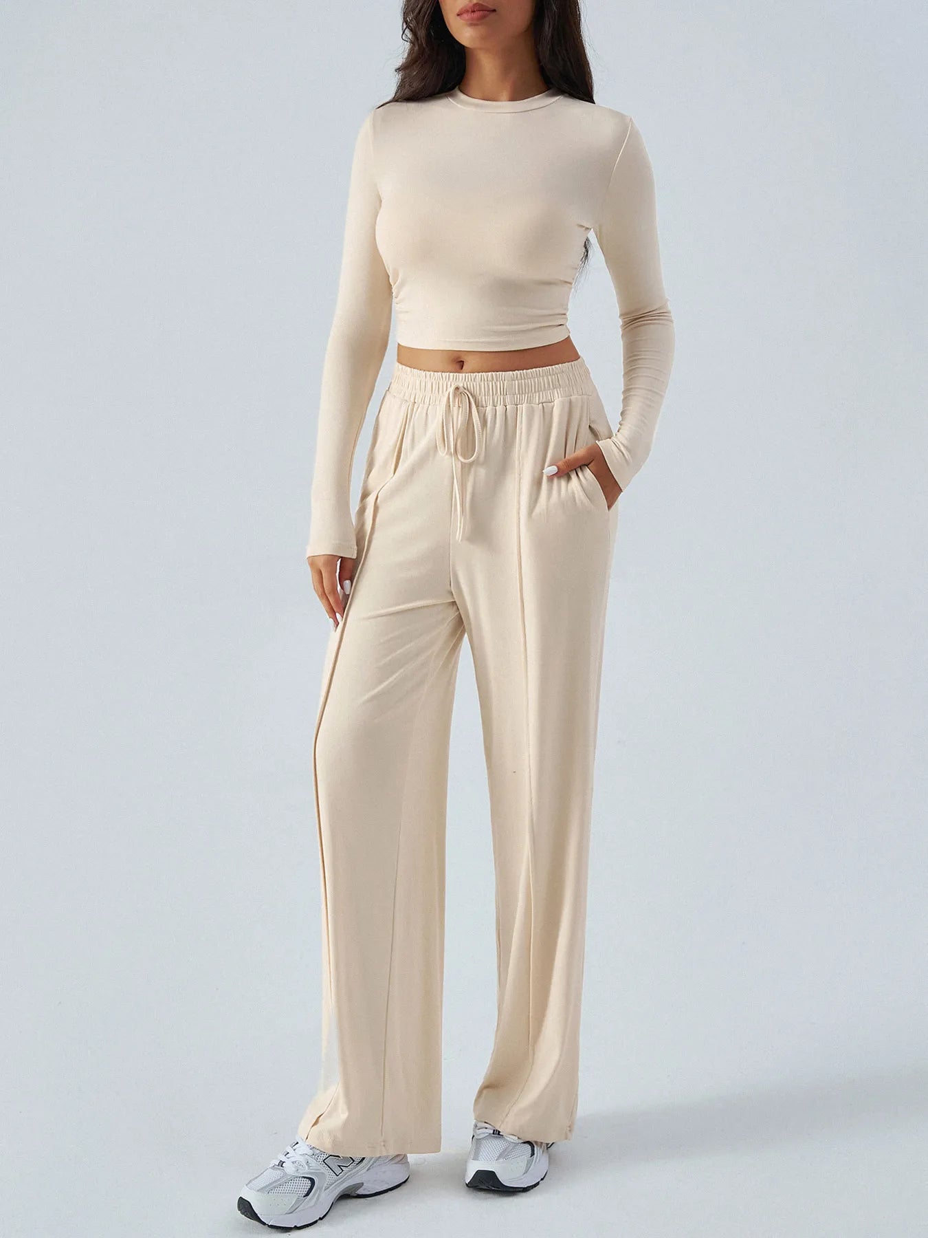 Round Neck Long Sleeve Top and Pants Set OutfitFlow