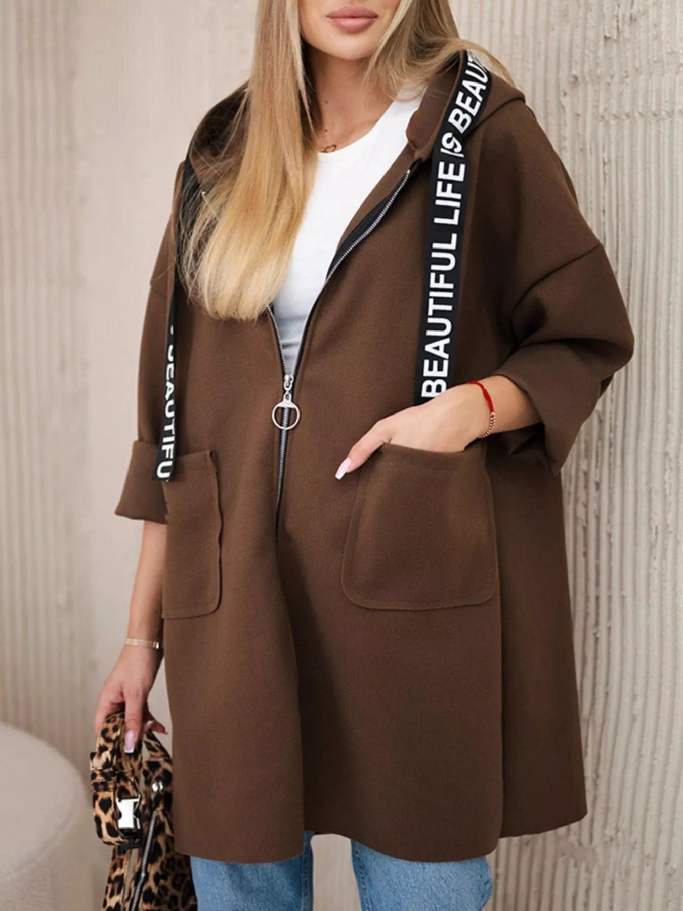 Full Size Hooded Zip-Up Longline Outerwear Plus Size Brown Trendsi