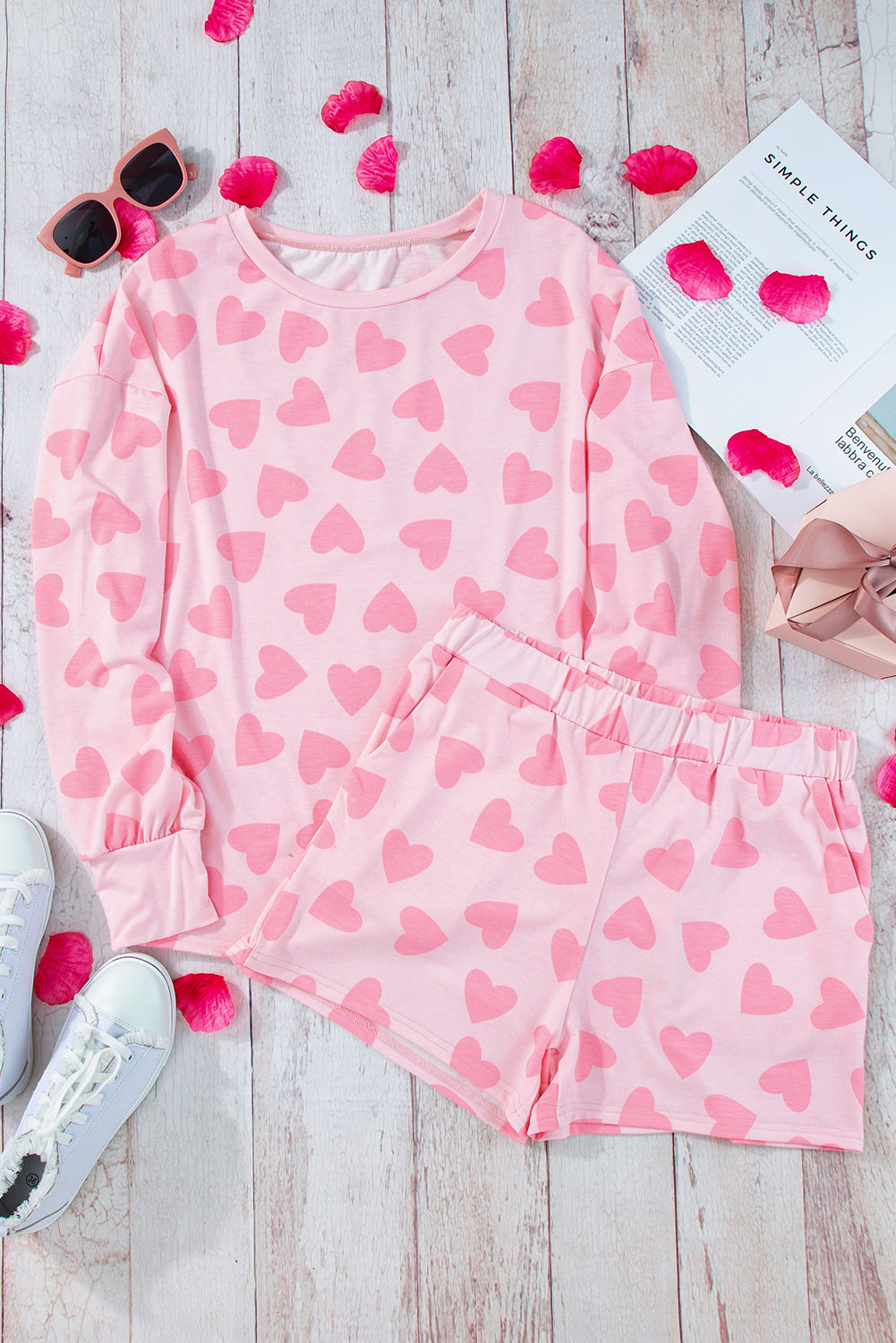 Outfit Flow - Heart Print Long Sleeve Top and Shorts Lounge Set