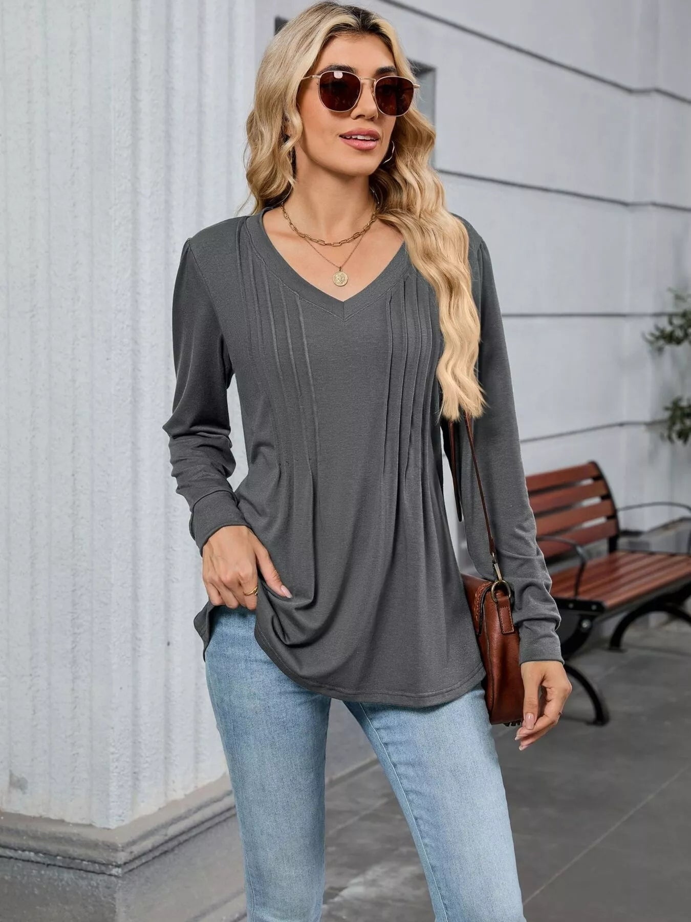 V-Neck Long Sleeve Relaxed Fit T-Shirt Dark Gray OutfitFlow