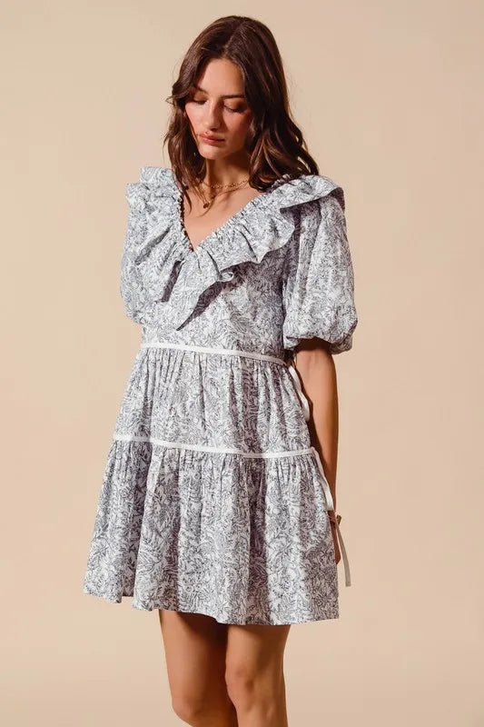 SO ME Cotton Printed Ruffle V Neckline Dress with Side Tie OutfitFlow