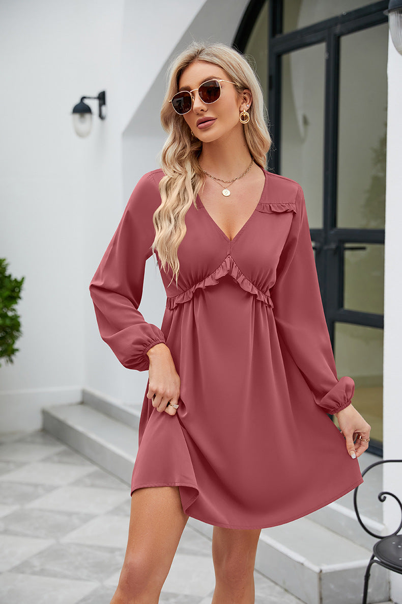 Frill Trim V-Neck Long Sleeve Dress Dusty Pink OutfitFlow