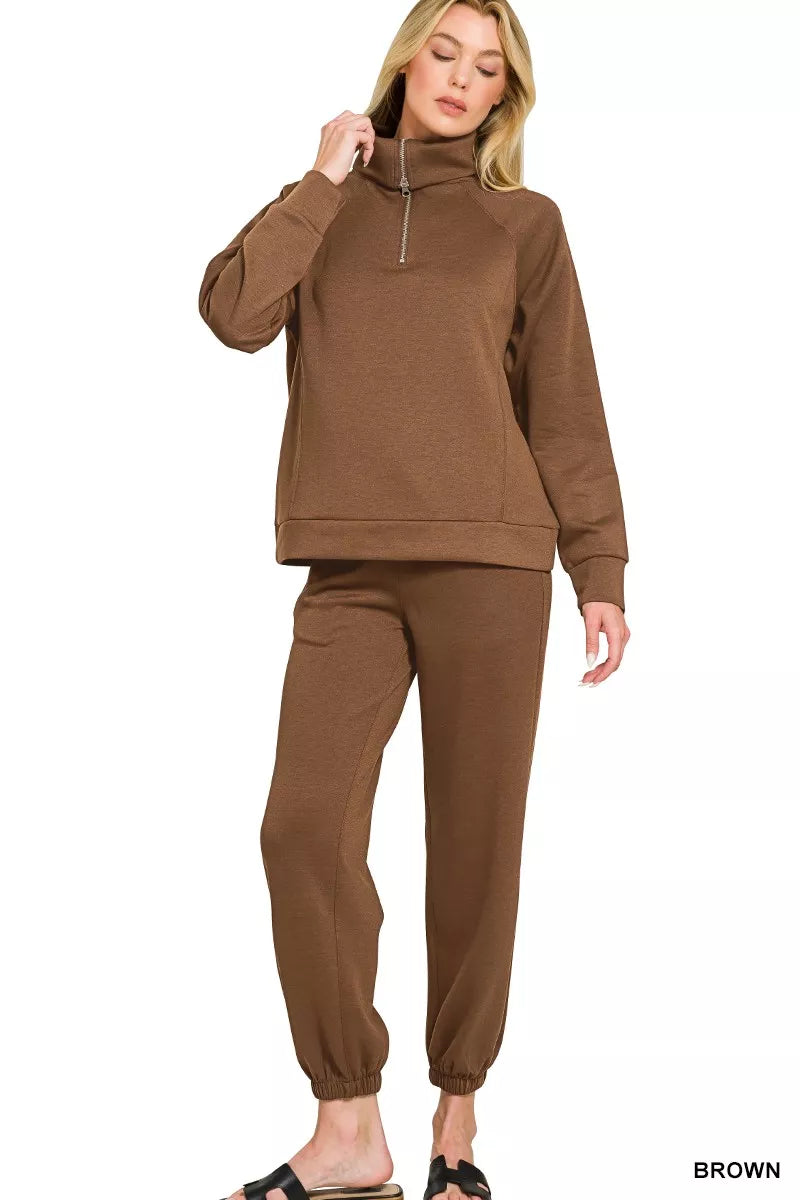 Zenana Scuba Half Zip Sweatshirts and Joggers Set BROWN OutfitFlow