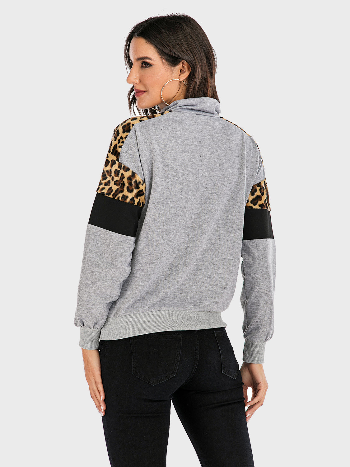 Outfit Flow - Perfee Contrast Leopard Half Zip Long Sleeve Sweatshirt