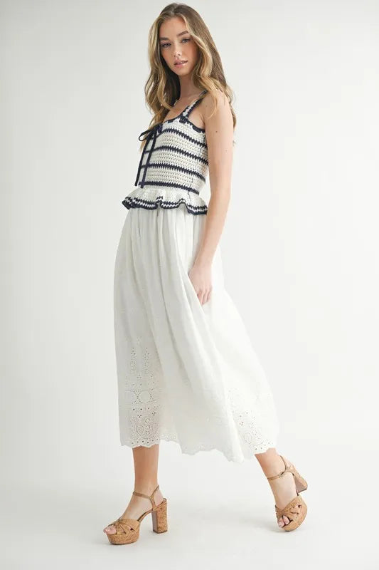 MABLE Crochet Stripe Knit Eyelet Mix Midi Dress OutfitFlow