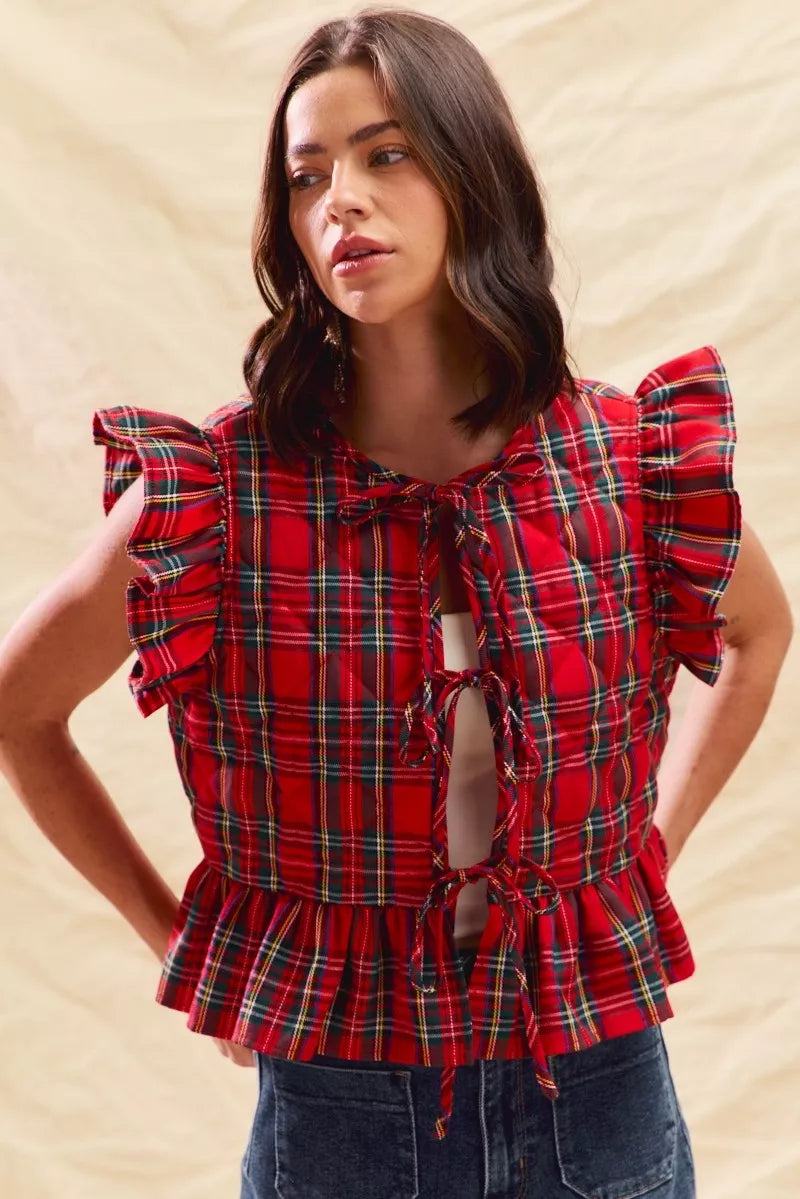 SO ME Christmas Holiday Plaid Ruffled Quilt Vest Top RED Trendsi