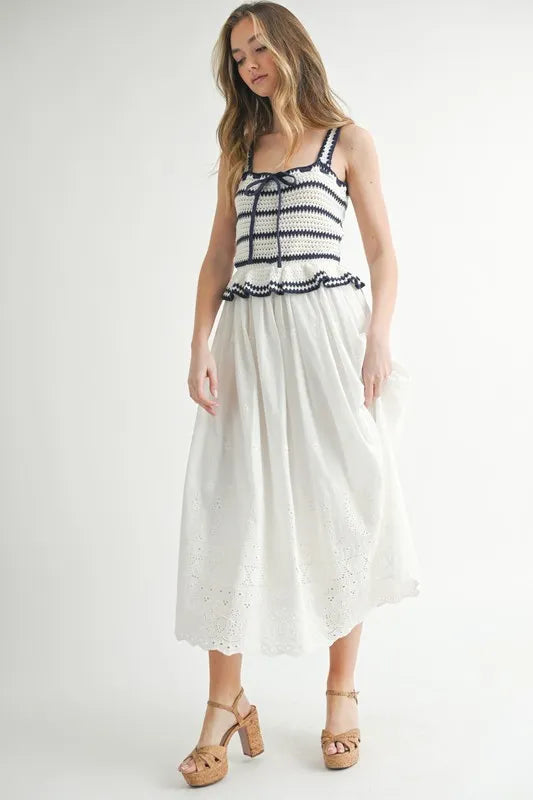 MABLE Crochet Stripe Knit Eyelet Mix Midi Dress OutfitFlow