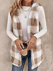 Fuzzy Plaid Hooded Vest Coat Camel Trendsi