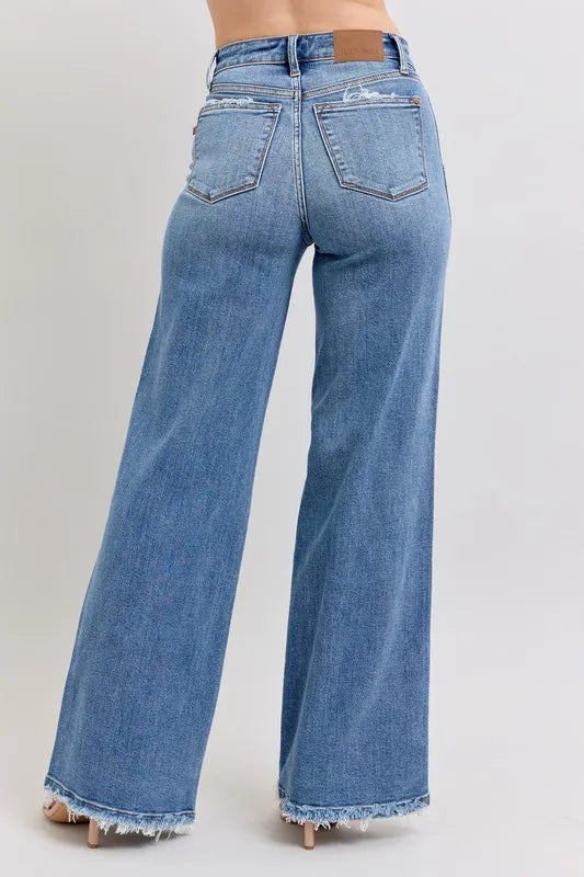 Judy Blue Full Size Raw Hem Wide Leg Jeans Plus Size OutfitFlow