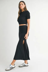 MABLE Pointelle Short Sleeve Crop Top and Slit Skirt Sweater Set OutfitFlow
