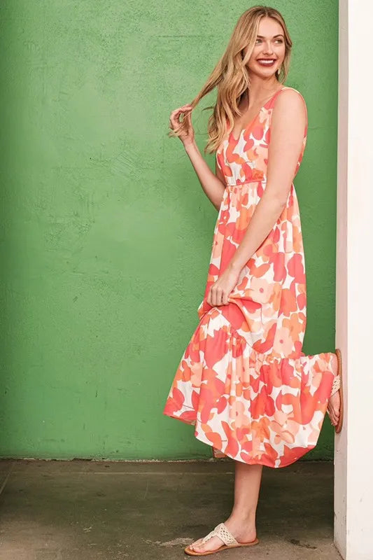 Lime 'N' Chili Sleeveless Floral Print V-Neck Midi Dress OutfitFlow