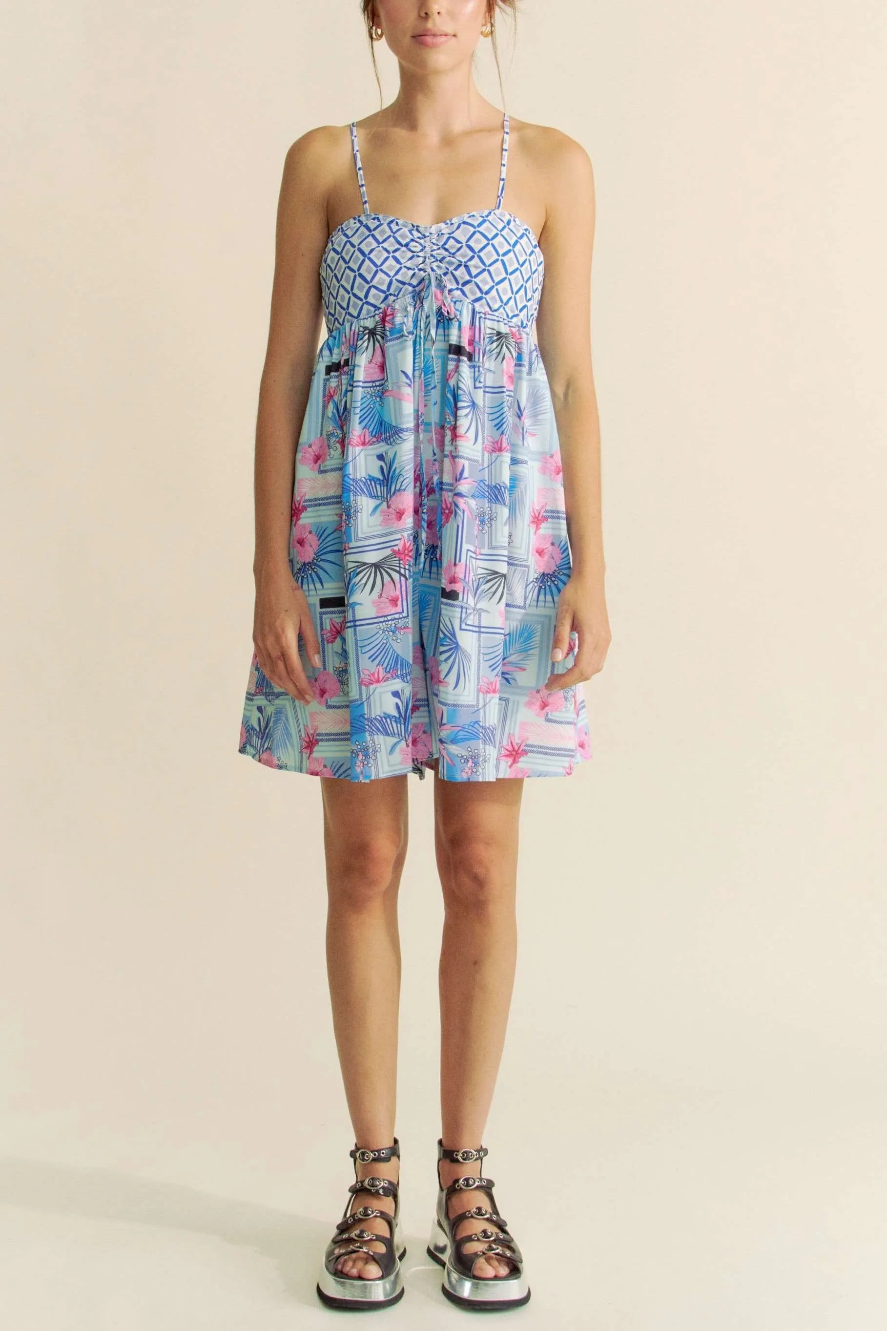 Davi & Dani Tropical Floral Geo Print Tie Back Tube Top Romper OutfitFlow