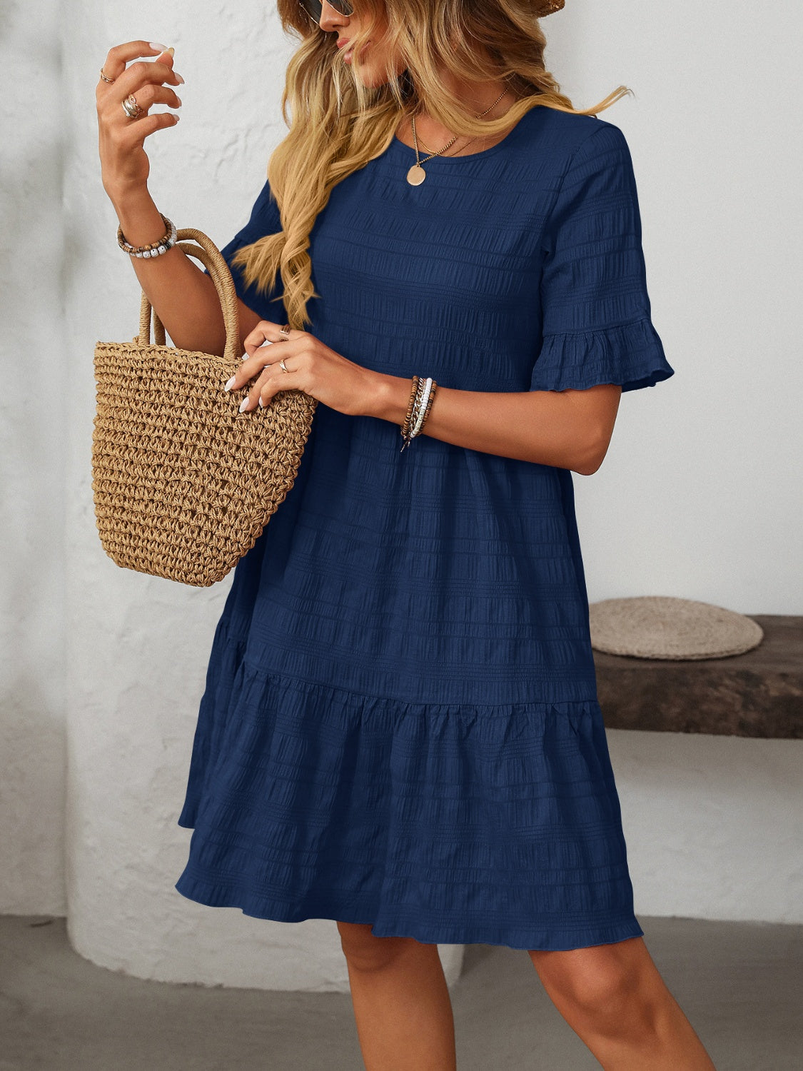 Outfit Flow - Mandy Ruffled Ruched Round Neck Half Sleeve Dress