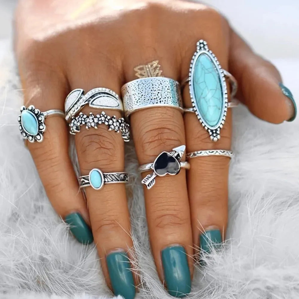 Turquoise Alloy 8-Piece Ring Set OutfitFlow