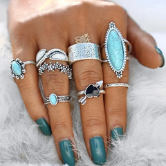 Turquoise Alloy 8-Piece Ring Set OutfitFlow