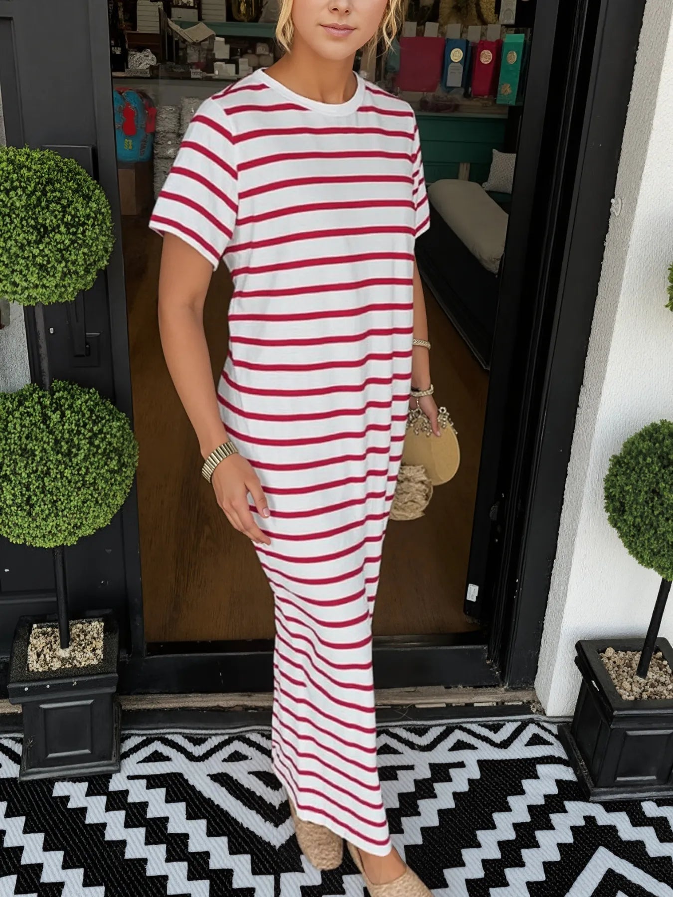Full Size Striped T-Shirt Maxi Dress with Side Slit Plus Size OutfitFlow