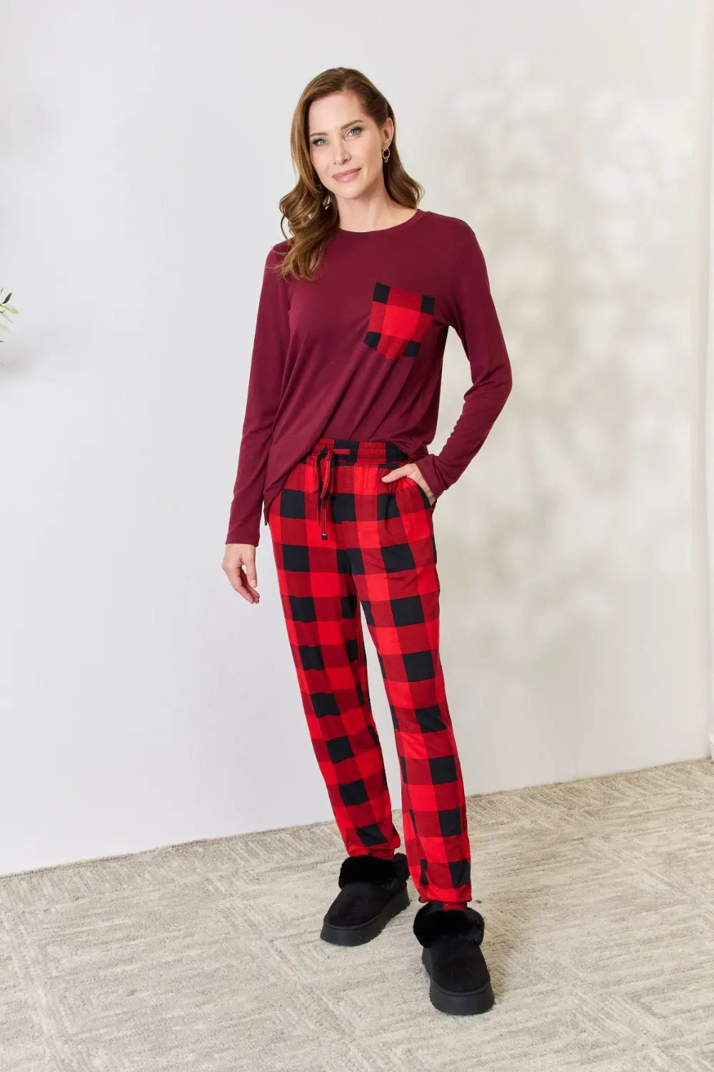Zenana Full Size Plaid Round Neck Top and Pants Pajama Set OutfitFlow
