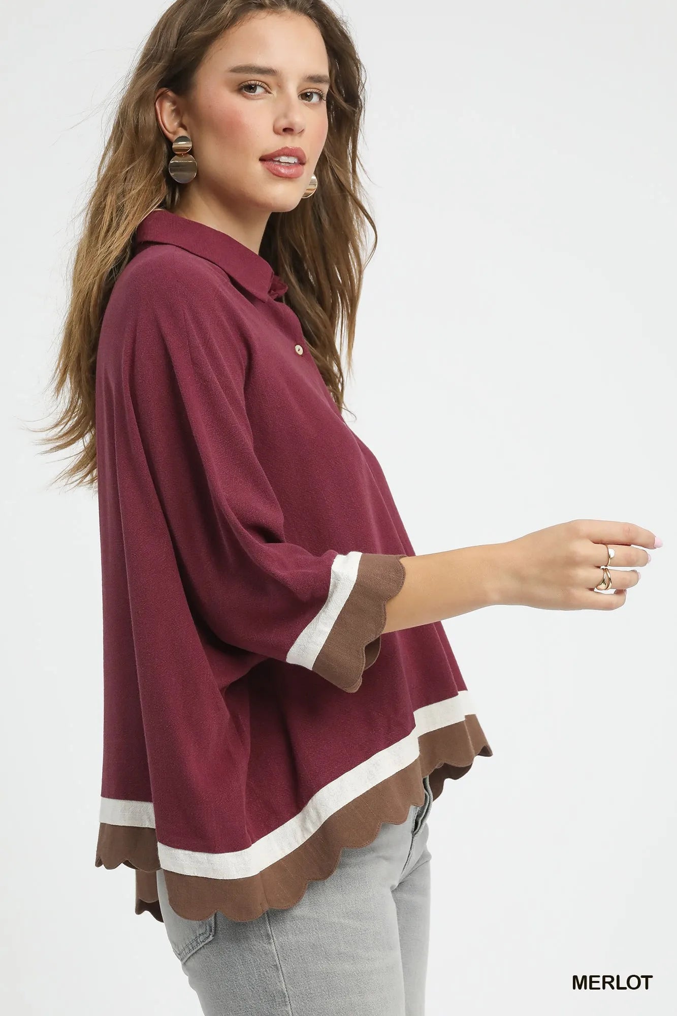Umgee Colorblock Button-Down Shirt with Scallop Hem Trendsi
