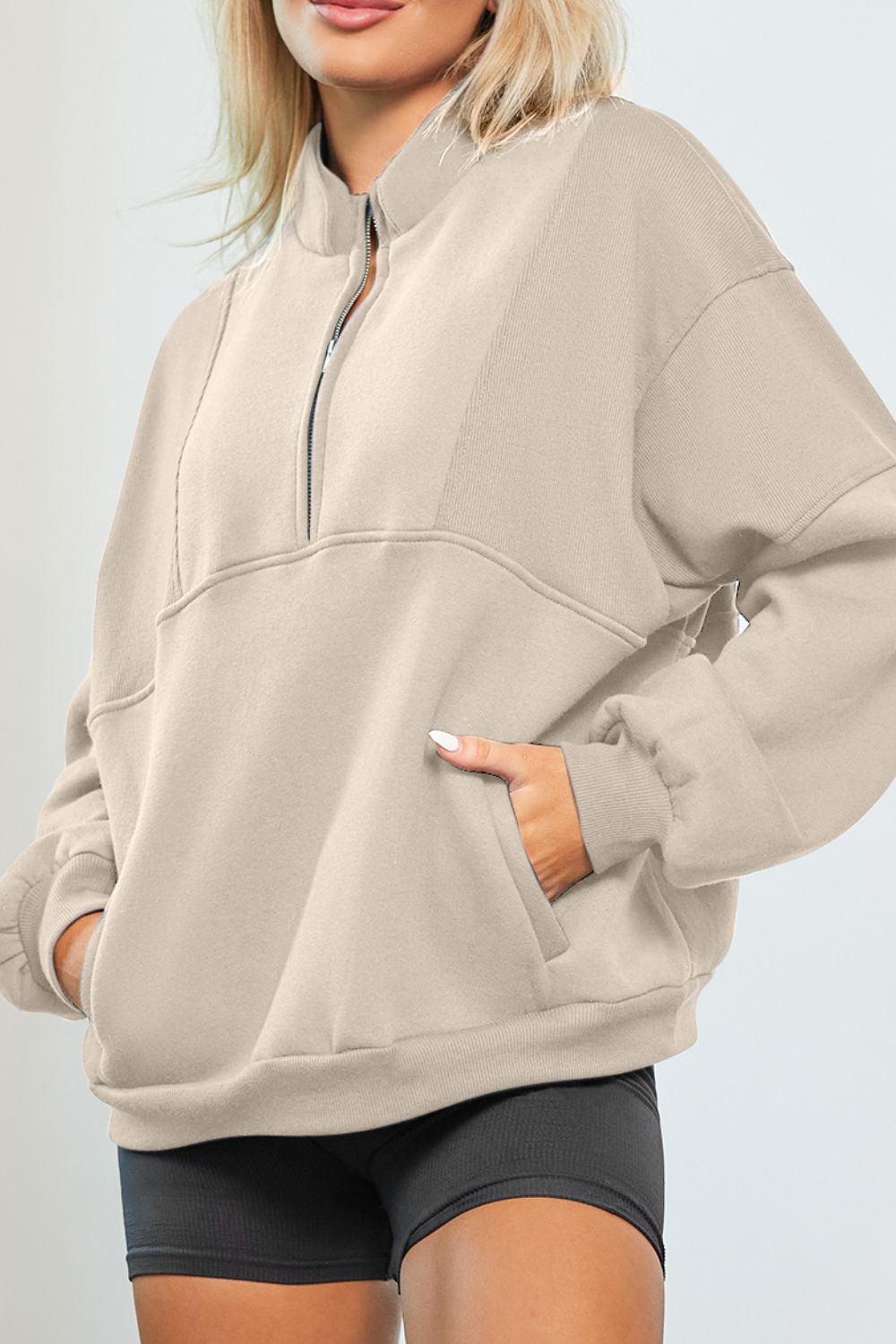 Half Zip Drop Shoulder Long Sleeve Sweatshirt Beige OutfitFlow