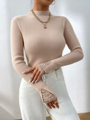 Outfit Flow - Lace Detail Mock Neck Long Sleeve Sweater