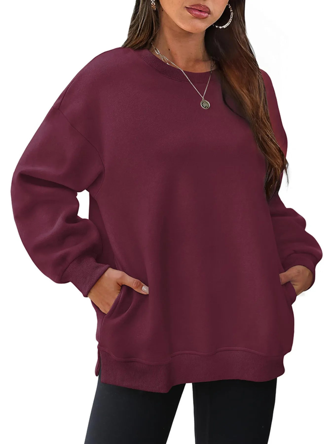 Oversized Long Sleeve Crewneck Sweatshirt Burgundy OutfitFlow